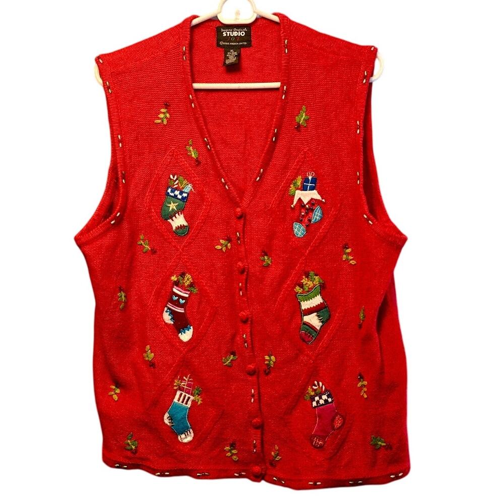 Vintage Designer Originals Studio mistletoe and stockings cardigan vest